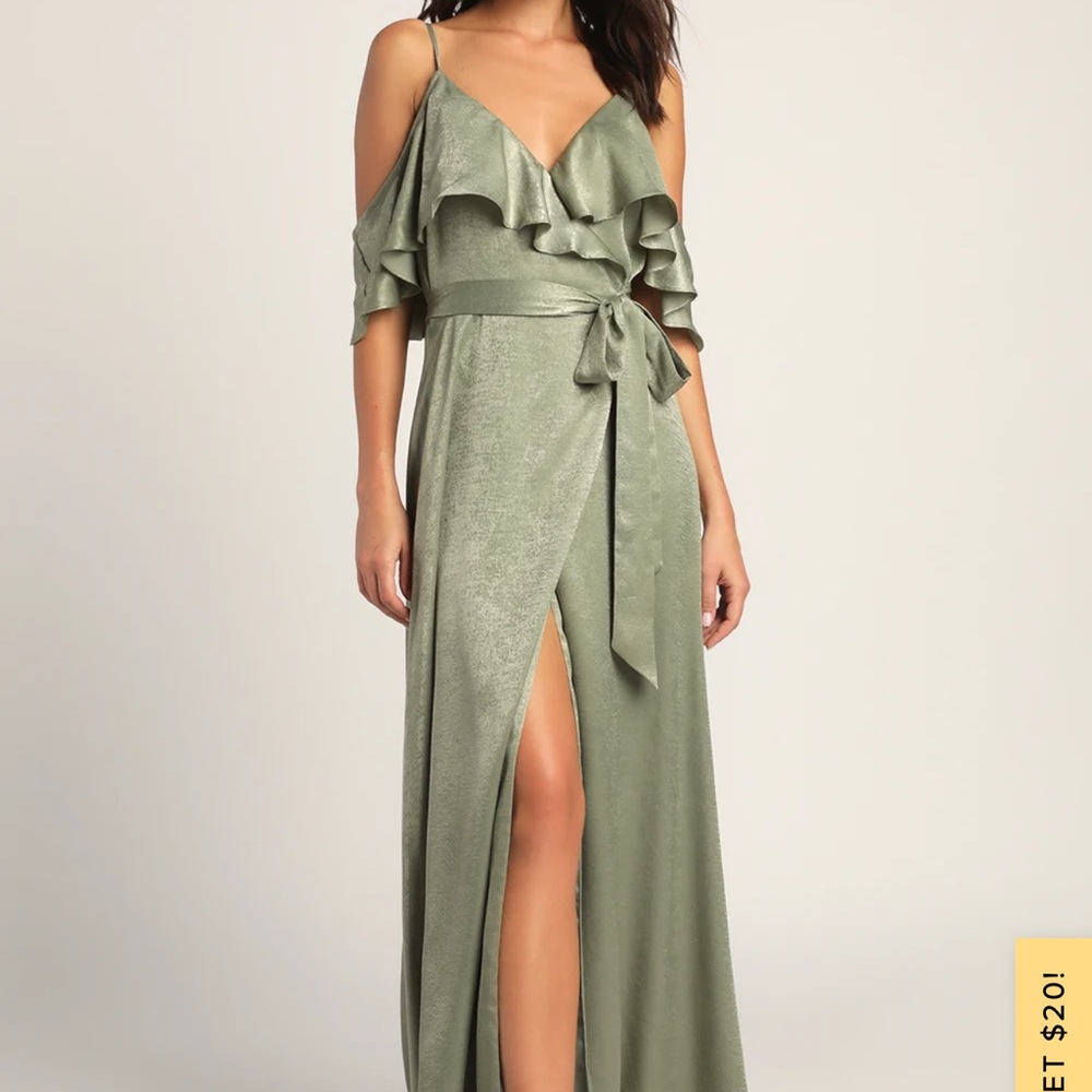 Satin, sage green maxi wrap dress